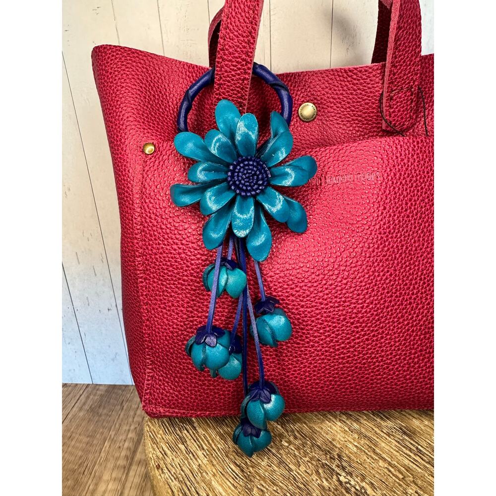 Leather Flower Purse Charm Genuine Leather Bright Blue Dahlia Mum Fall Bag Charm
